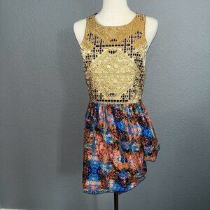 THREE OF SOMETHING - Gold Metallic Embroidered Bodice Water Color Draped Skirt 4
